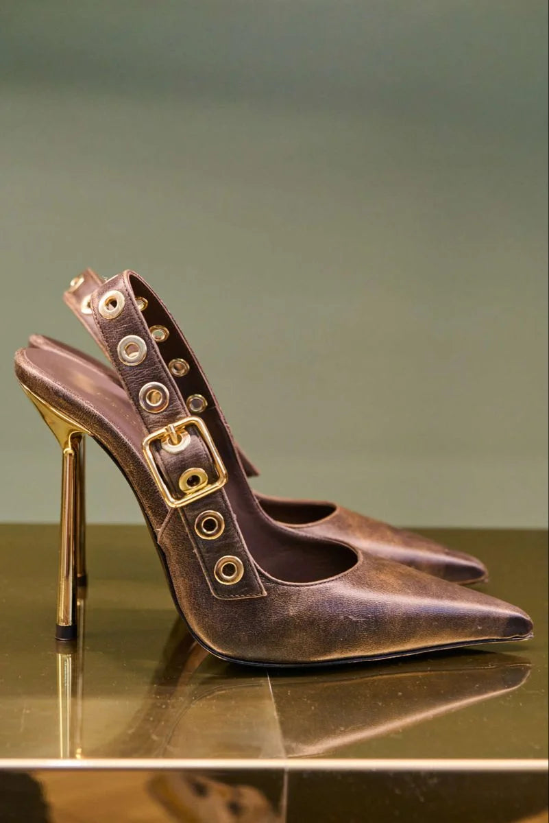 Leather Pointed Toe Slingback Stiletto Sandals With Rivet Strap For Women