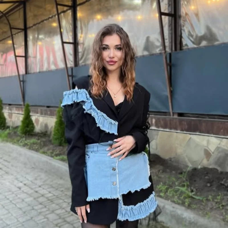 Stylish Patchwork Denim Mini Dresses Lace Deep V-neck Jacket Sexy Irregular Casual-chic Sexy Edgy Top Designers Streetwear