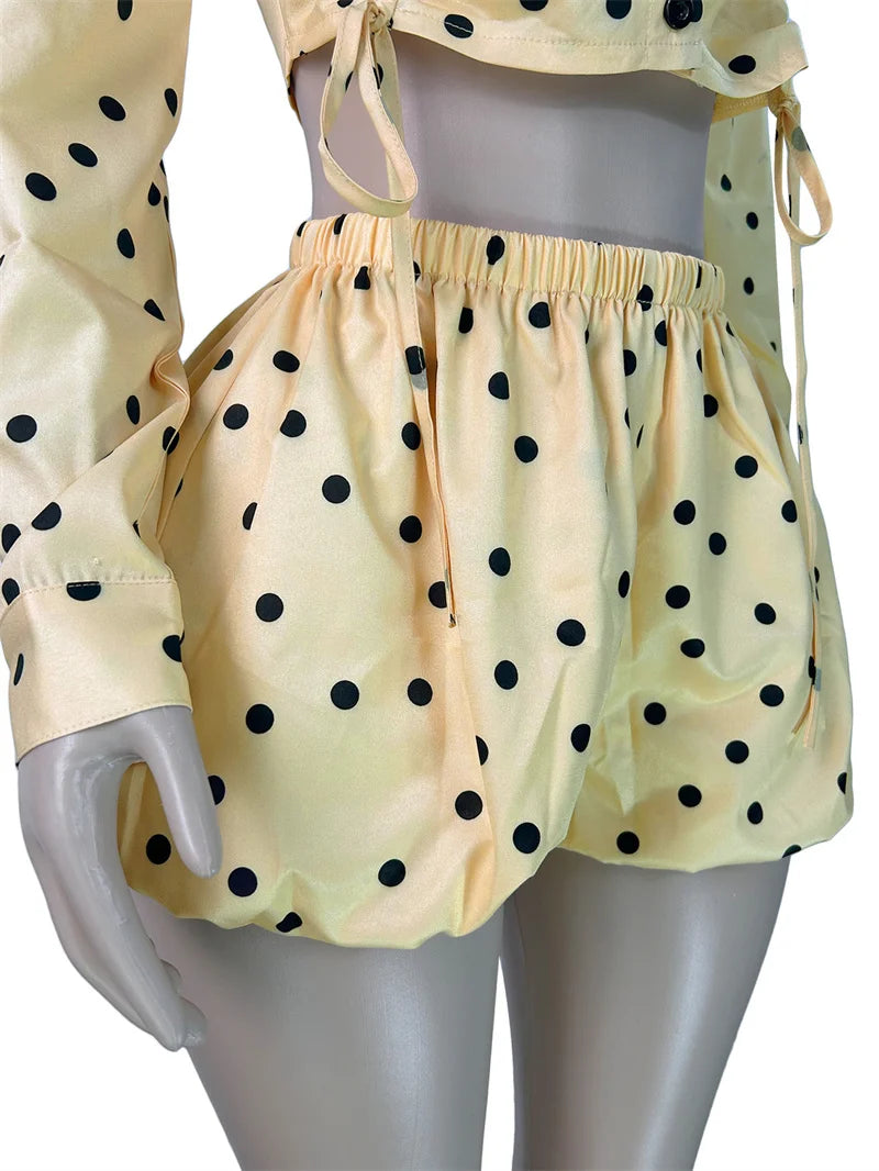 Polka Dot Ruched Turn-Down Collar Shirt and Shorts Set for Women