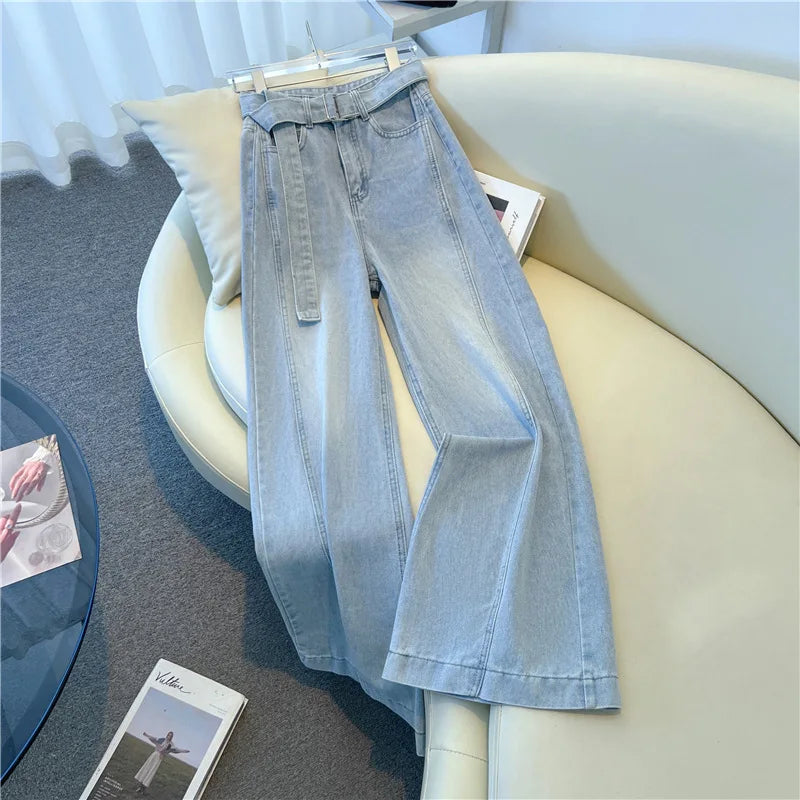 Fashion High Waist  Belt Jeans for Womrn Korean Versatile Loose Light Blue Denim Pants Retro Design Sense Wide Leg Trousers