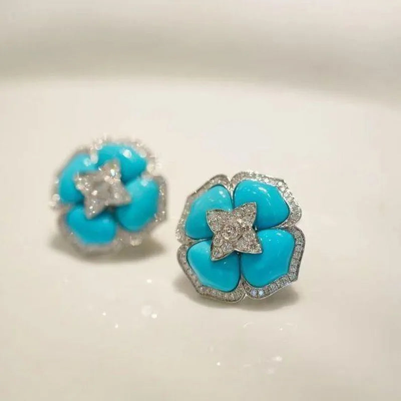 Luxury and fashionable turquoise earings stud with silver inlaid blue flower earrings for women classic wedding jewelry gift