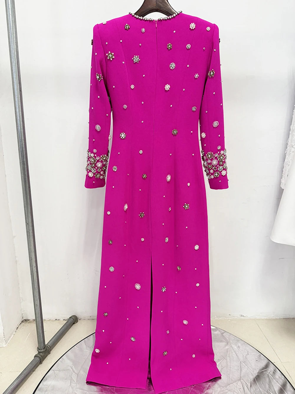 Modphy High-Quality Shiny Diamond Bead Slim Formal Maxi Dress Women'S Long Sleeved O-Neck Elegant Celebrity Evening Runway Gowns