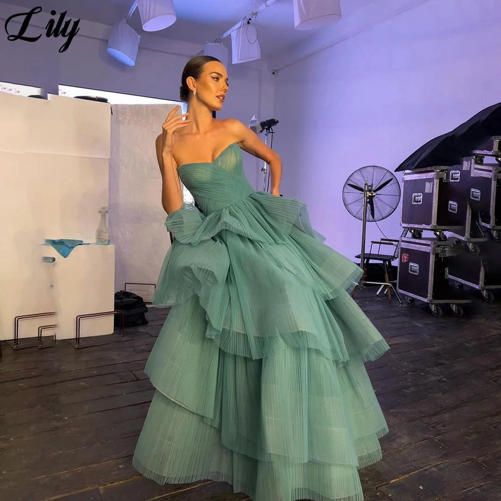 Lily Sage Green Sleeveless Long Party Dress Tiered Layer Net Vintage Night Dress Sweetheart Celebrity Dresses vestidos de fiesta