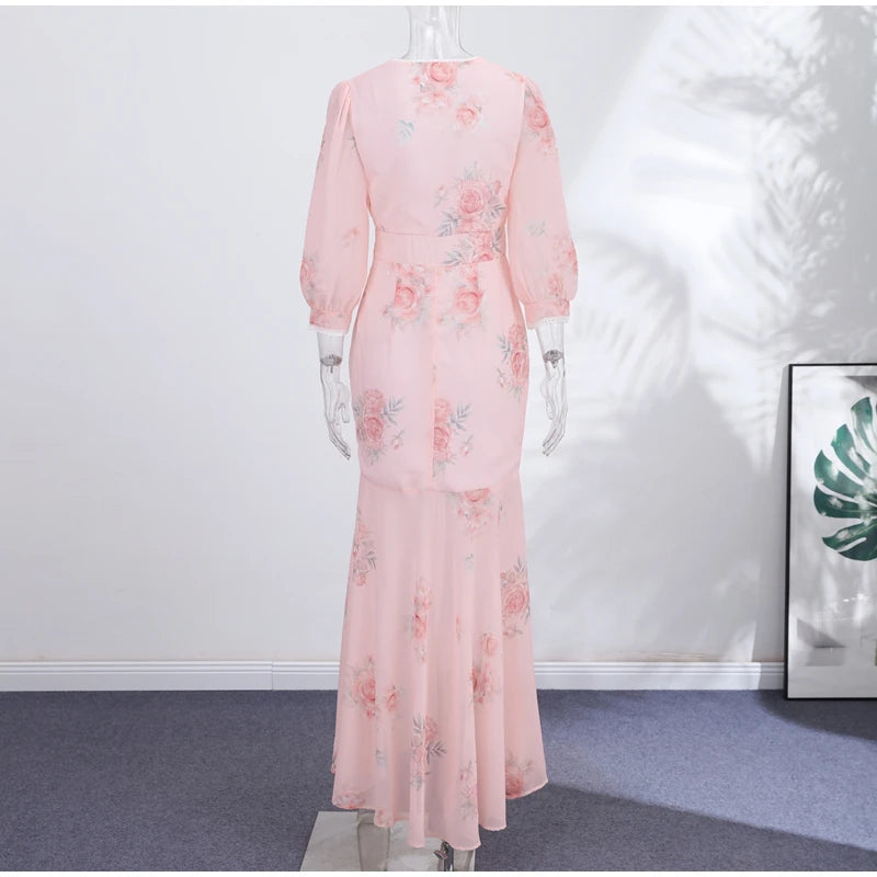 Elegant Print Pleated Puff Sleeve V Neck Long Dress for Women
