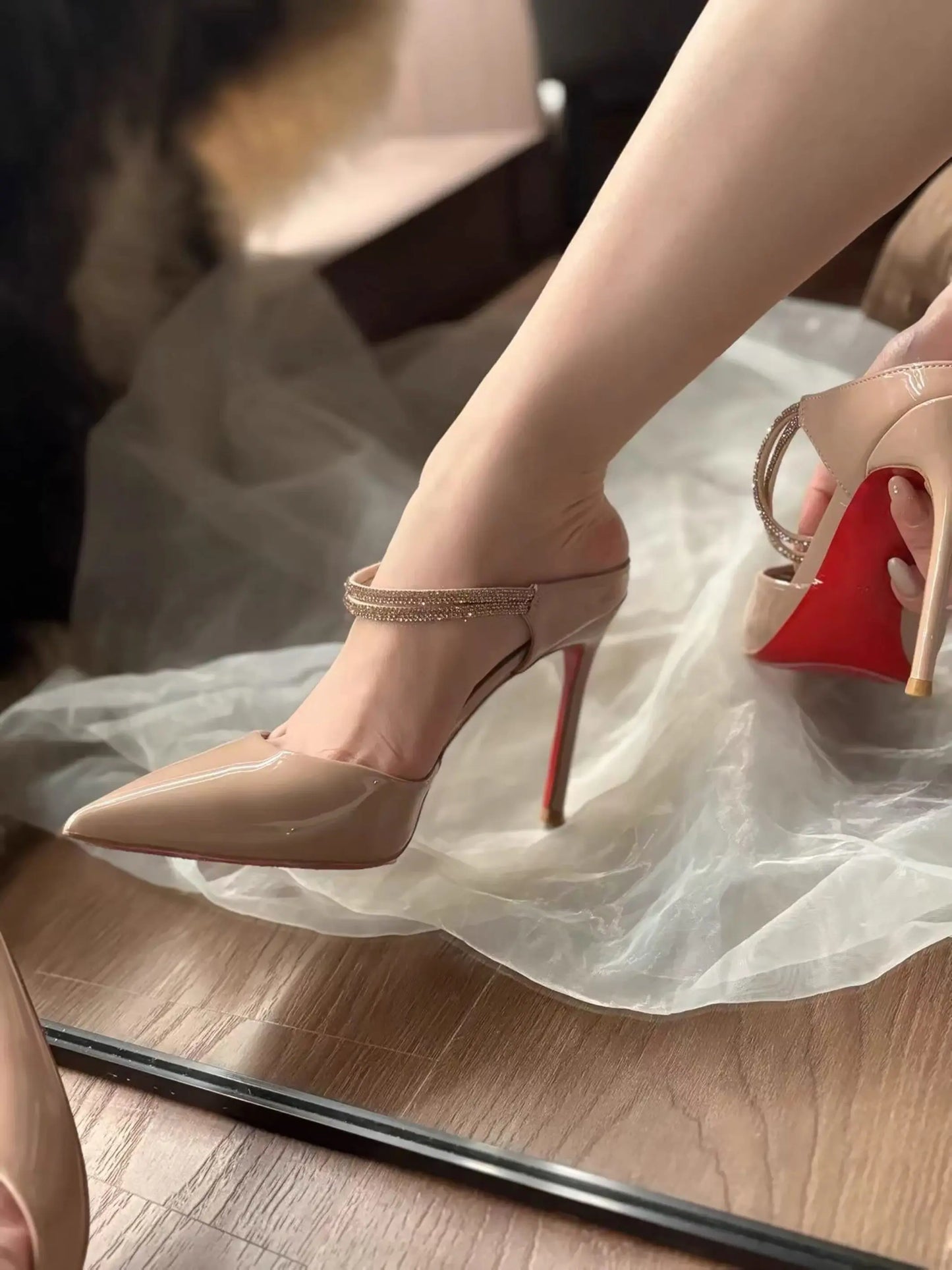 Patent Leather Pointed Toe Rhinestone Stiletto Ankle Strap Sandal For Women