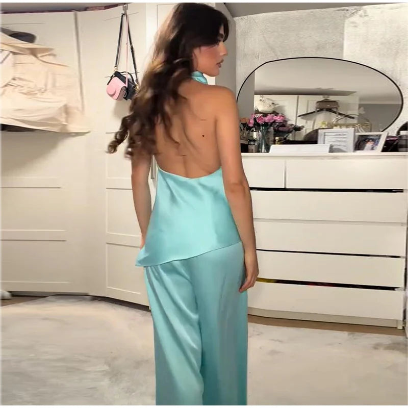 Turquoise Satin Cowl Neck Halter Top And Wide Leg Pants 2 Piece Set For Women