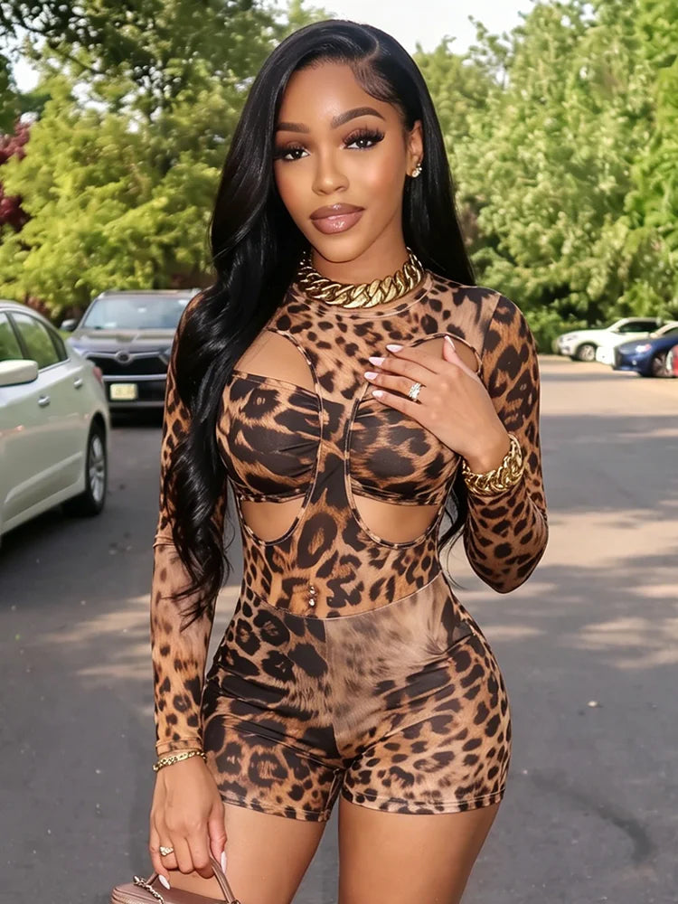 Leopard Print Hollow Out Two Piece Playsuit for Women