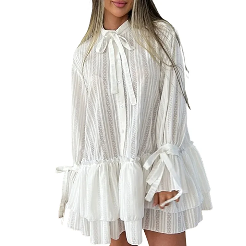 Elegant Stand Collar Bow Detail Ruffled Mini Dress for Women