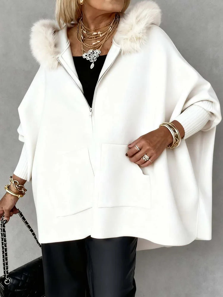 Elegant Fluffy Splicing Solid Loose Sweater Coat Autumn Winter Women Casual Knit Jacket Fashion Zip Long Sleeve Hooded Outercoat