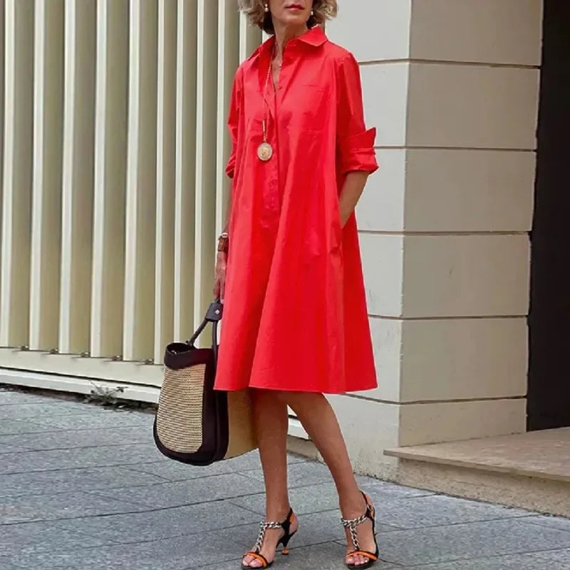 Yeezzi 2025 New Women's Lapel Shirts Dress Fashion Simple Solid Color Long Sleeves Loose H-line Casual Office Midi Dresses