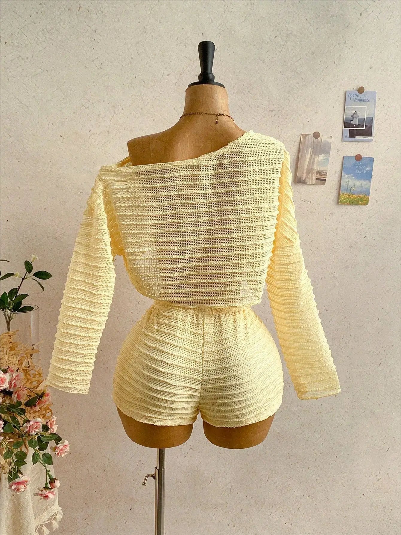 Slanted Shoulder Knit Two Piece Shorts Set for Women