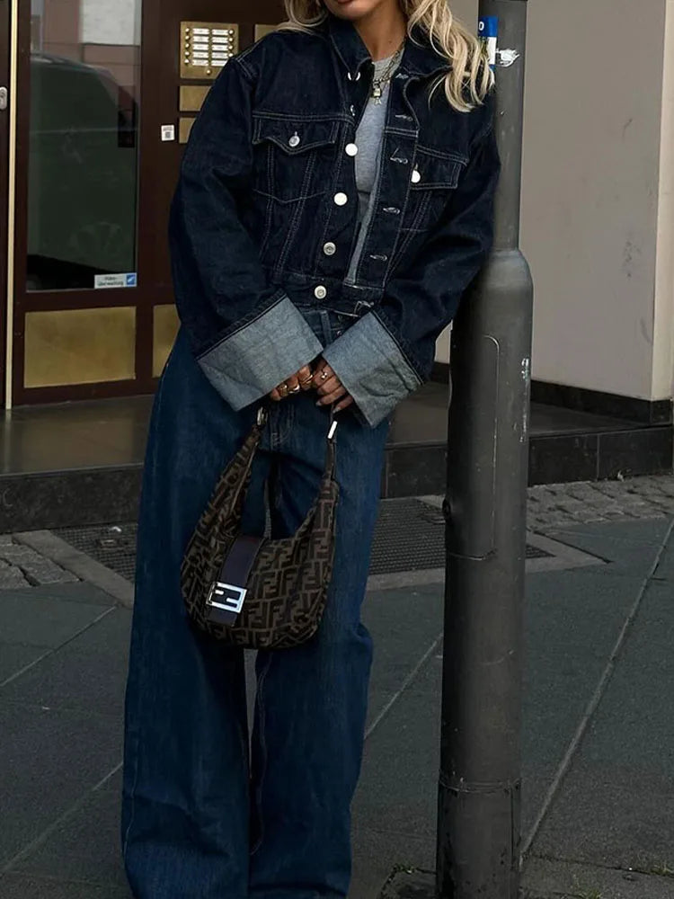 Retro Spliced Street Denim Two Piece Set for Women