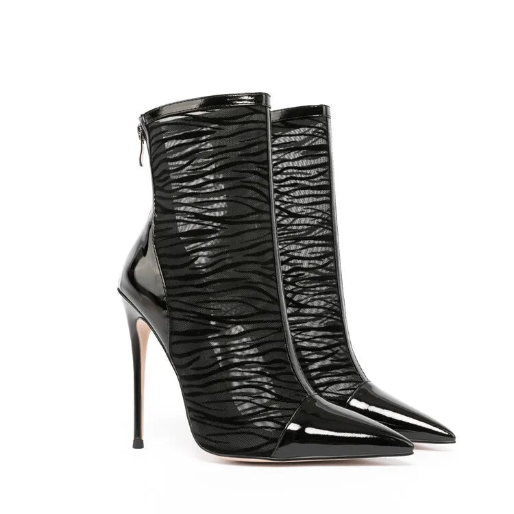 Elegant Black Mesh Stiletto Ankle Boots With Pointy Toe Rear Zipper For Women