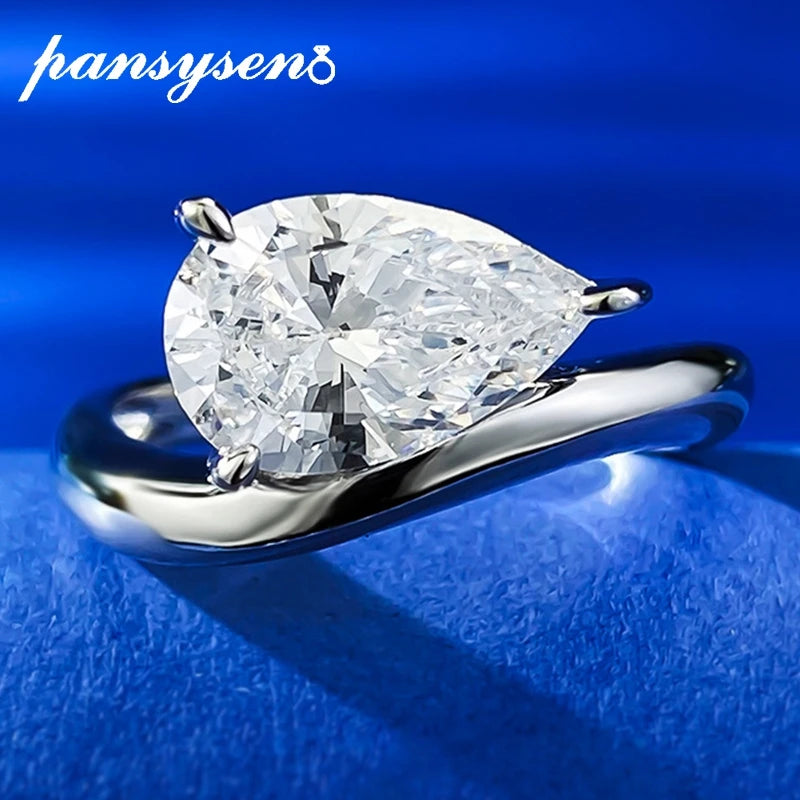 PANSYSEN 3CT Pear Cut White Sapphire High Carbon Diamond Ring for Women 925 Sterling Silver Plated 18K Gold Wedding Fine Jewelry