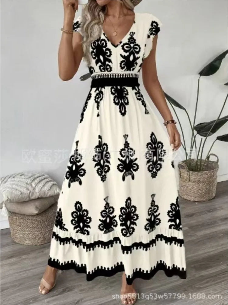 Beach Print Midi with V-Neck and High Waist Dress for Women