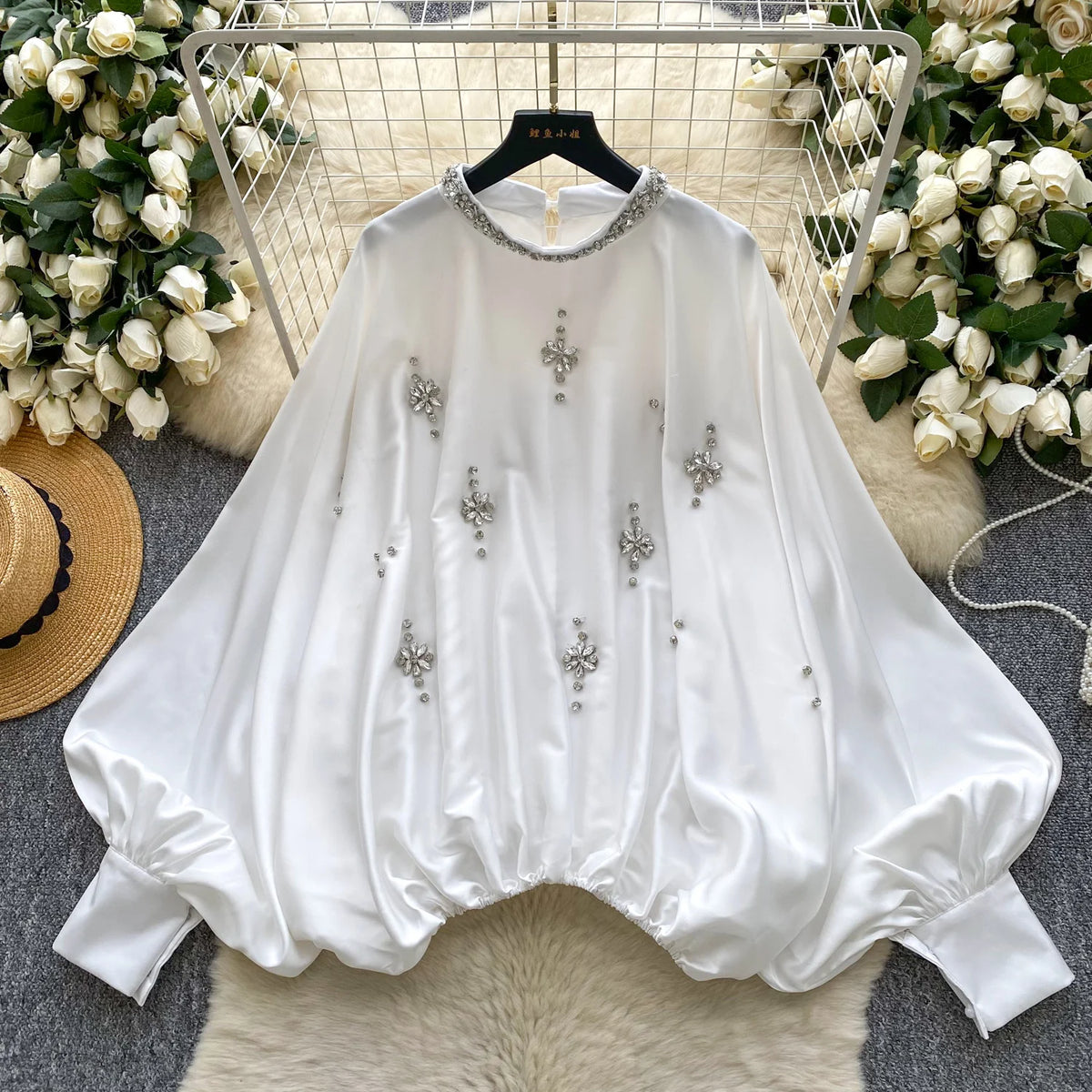 Elegant Beaded Satin Batwing Sleeve Blouse for Women