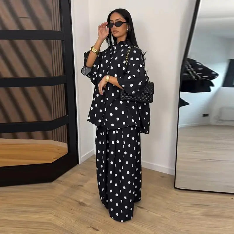 Elegant Polka Dot Shirt And Wide Leg Pants Set for Women