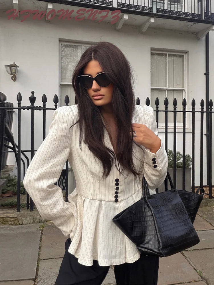 Casual Striped V Neck Ruffle Two Piece Set for Women