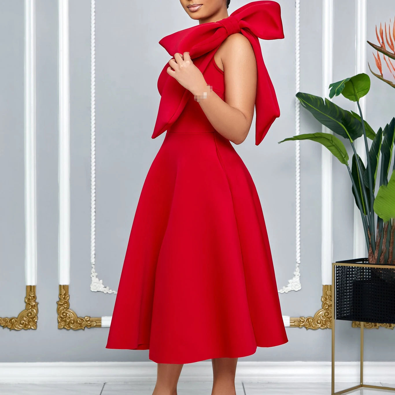 Dress One Shoulder A Line Pleated Knee Length Sleeveless Bow Belt Elegant Party Style