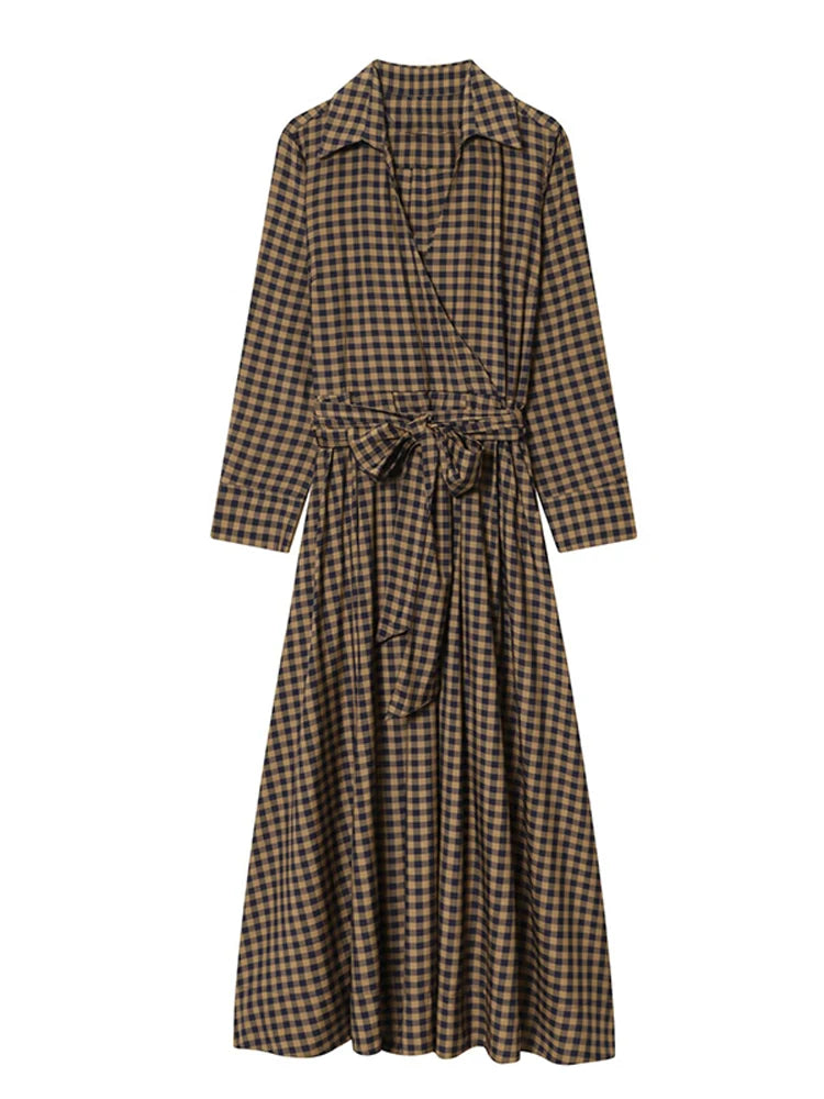Elegant Plaid Women's Long Dresses Loose Tie Up Bow Laple Full Sleeve A-line Dress For Woman 2026 Spring New Lady Party Robes
