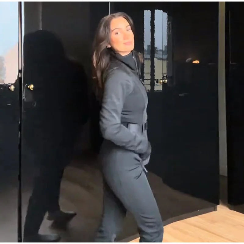 Women's Jumpsuit Loose Stand Collar Thicken Jackets Pants Sets Belt 2 Pieces Female Winter Woman Snowsuit Outfits For Outdoor