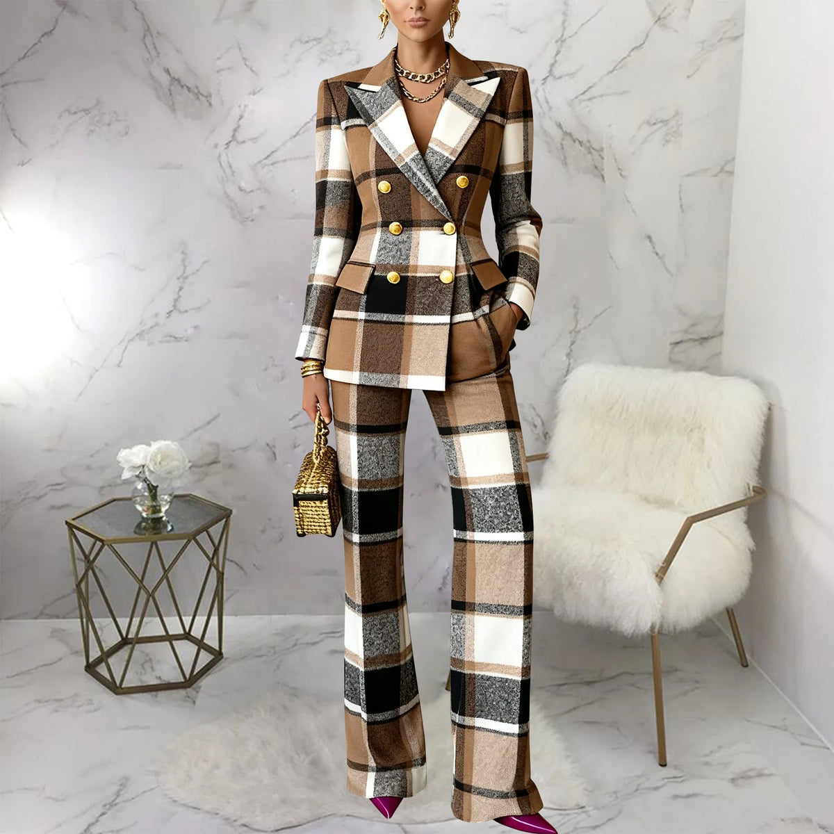 Slim Fit Long Sleeve Blazer and Pants Suit Set for Women