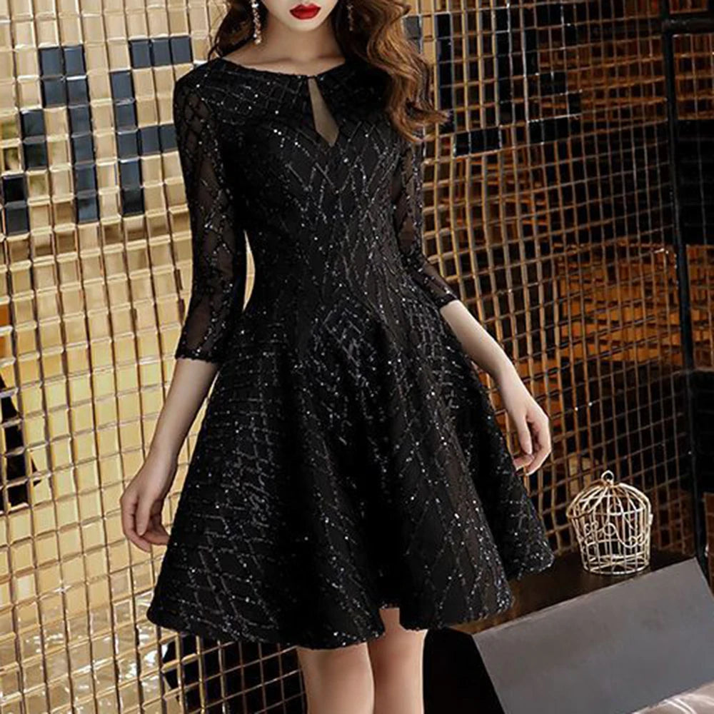 Black O-Neck Mid-Calf Evening Dress With Tatting For Women
