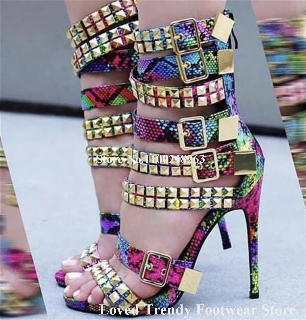 Gold Rivet Ankle Strap Stiletto Heel Sandals for Women