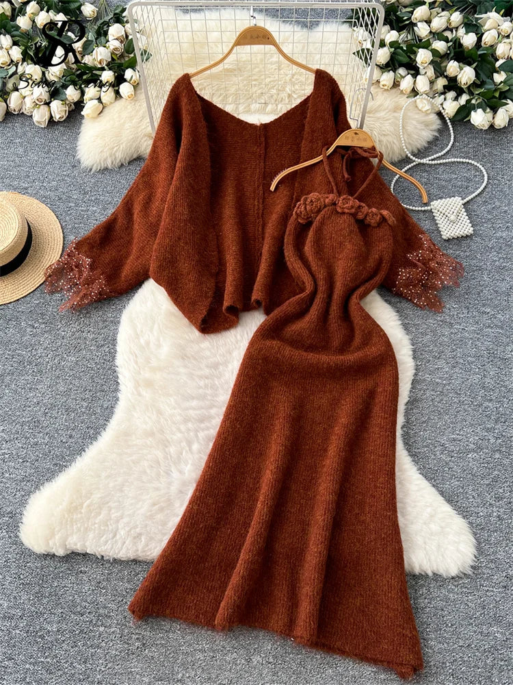 Lace Trim Knit Cardigan and Floral Halter Dress Set for Women