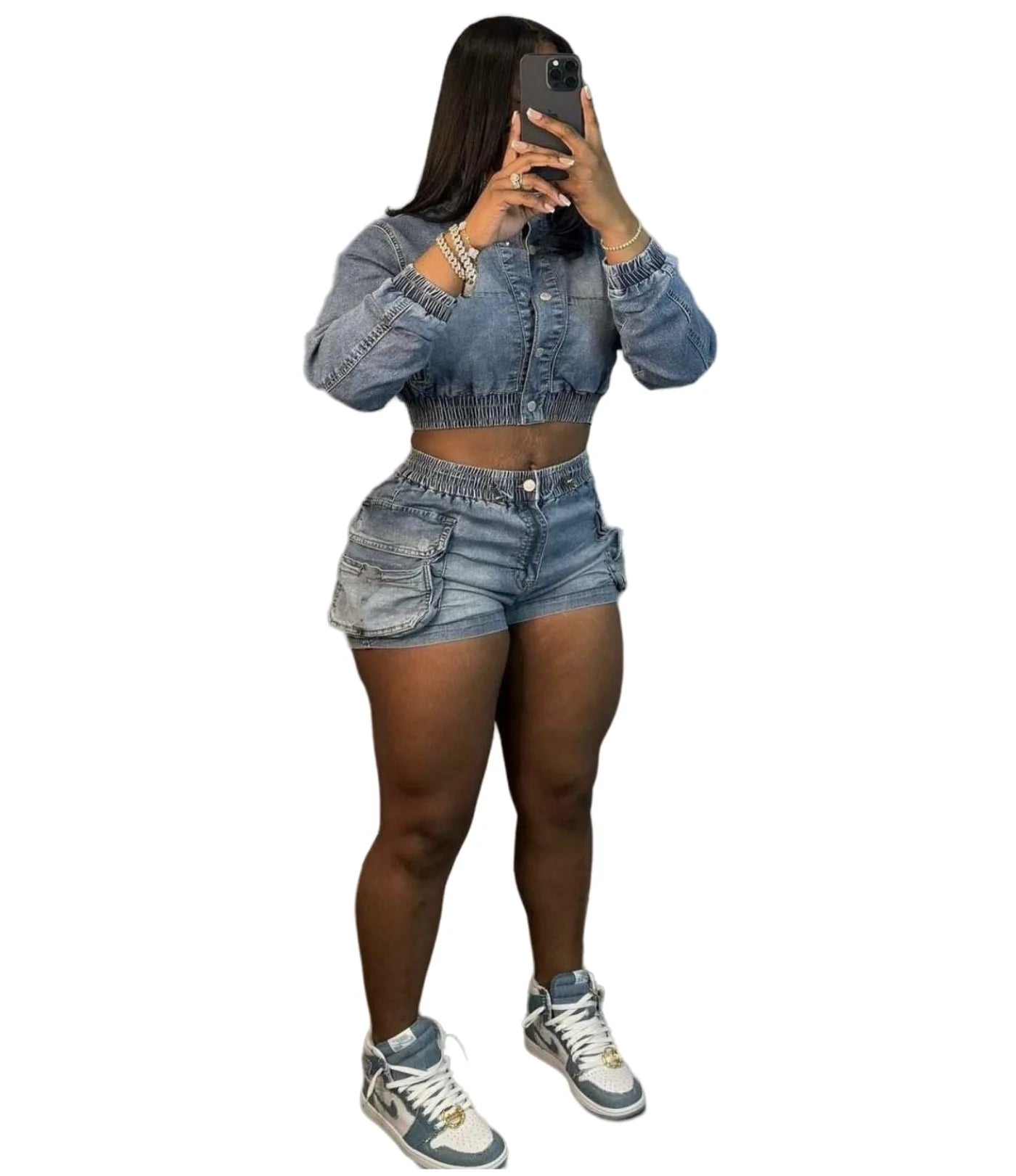 Summer Stretch Two-Piece Denim Shorts Set for Women