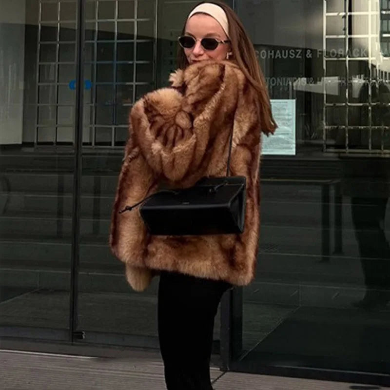 Lapel Collar Faux Fur Coat