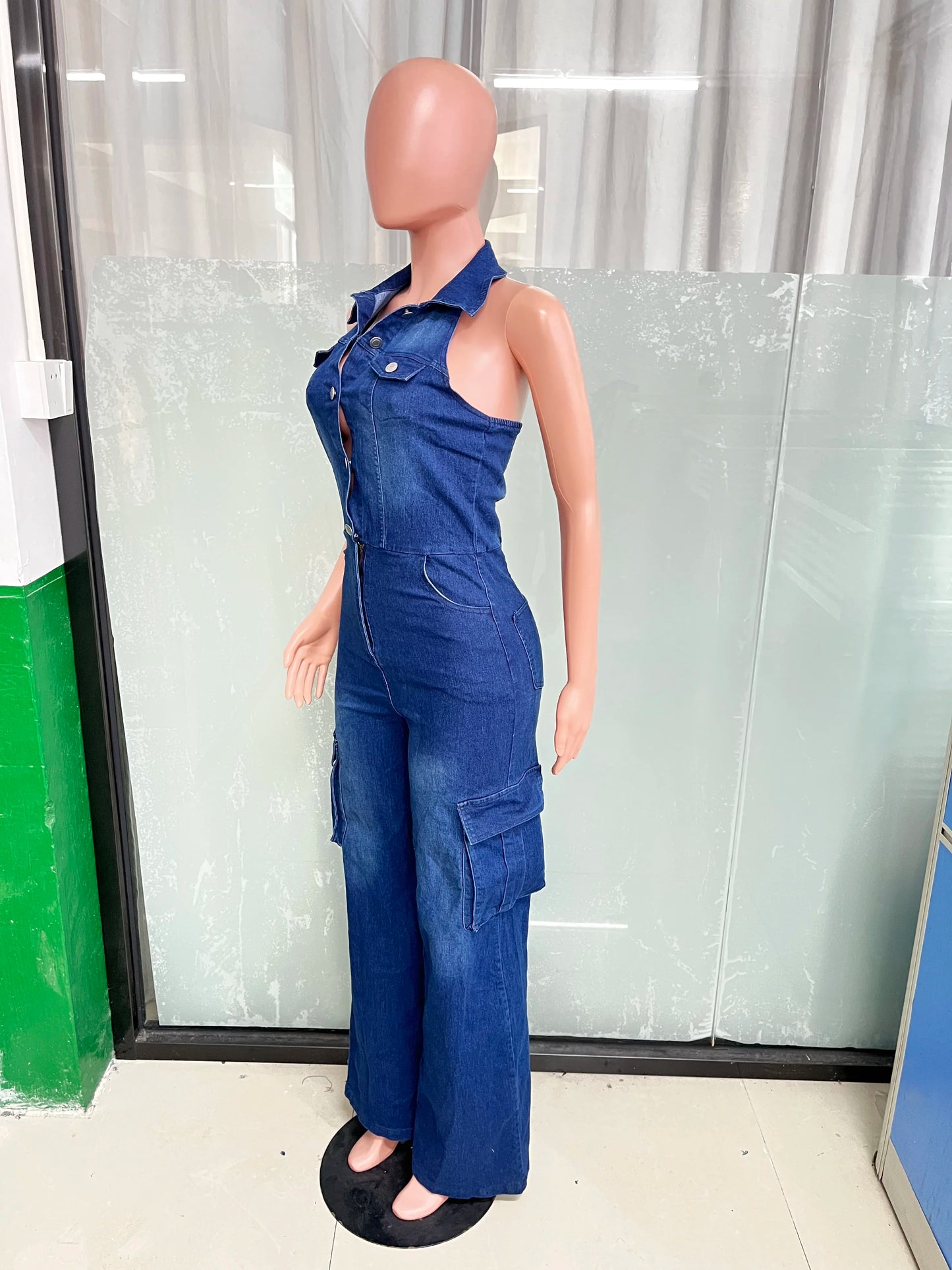 Elegant Blue Denim Cargo Halter Casual Jumpsuit for Women