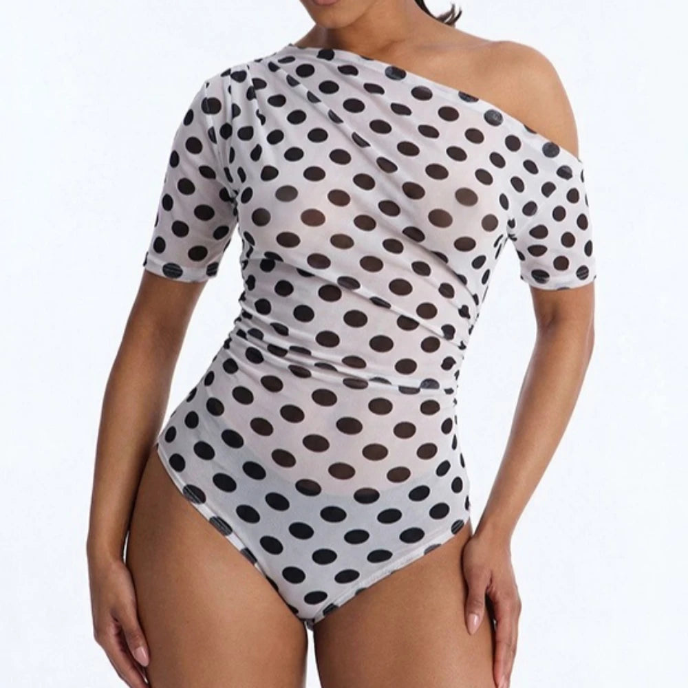 Off Shoulder Polka Dot Mesh See Through Two Piece Set for Women