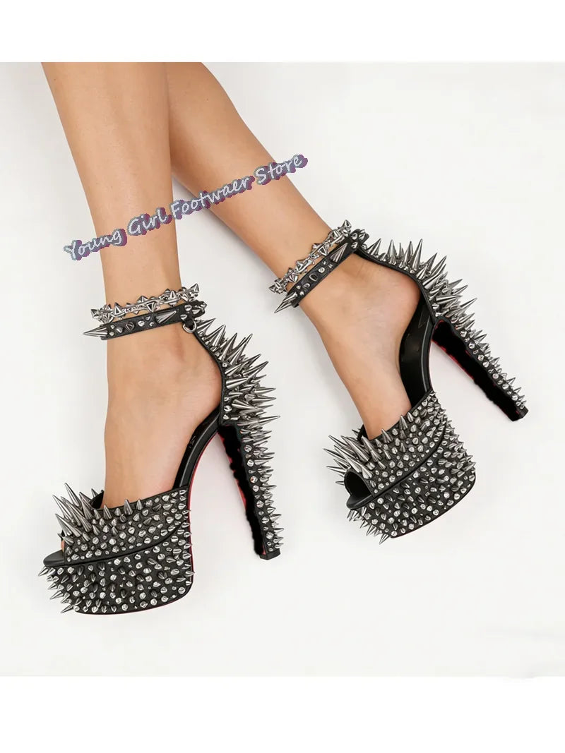 Black Rivet Decorated Spiked Platform Sandals for Women