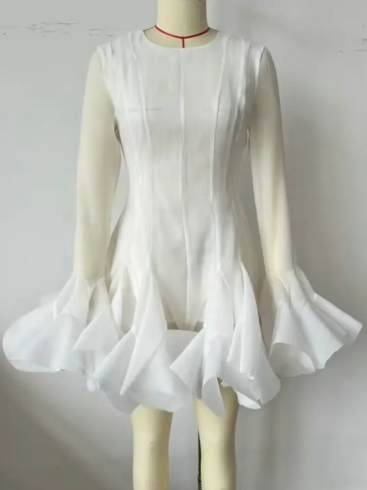 French Style Ruffle Hem Flare Sleeve Mini Dress for Women