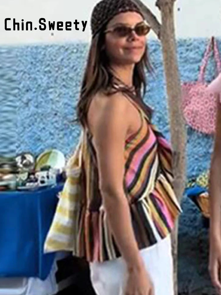 Rainbow Striped Halter Tank Top With Ruffle Trim For Women
