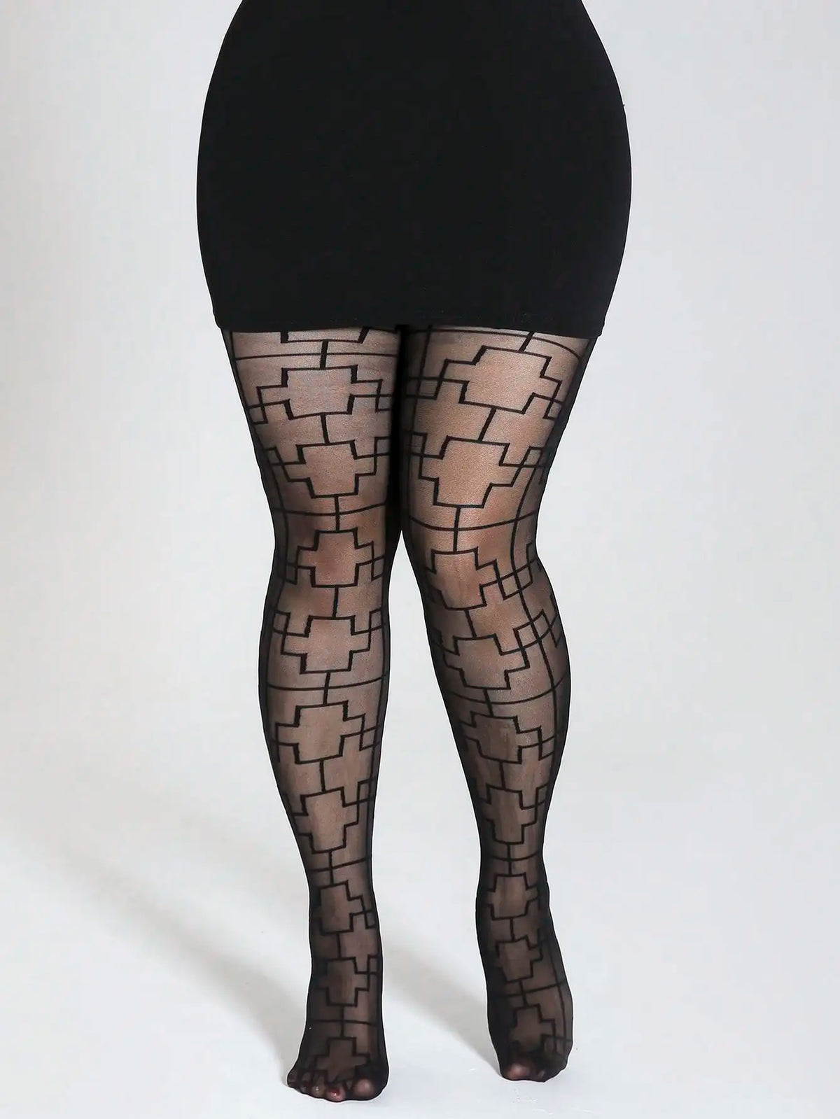 Black Sheer Geometric Maze Pattern Tights for Women