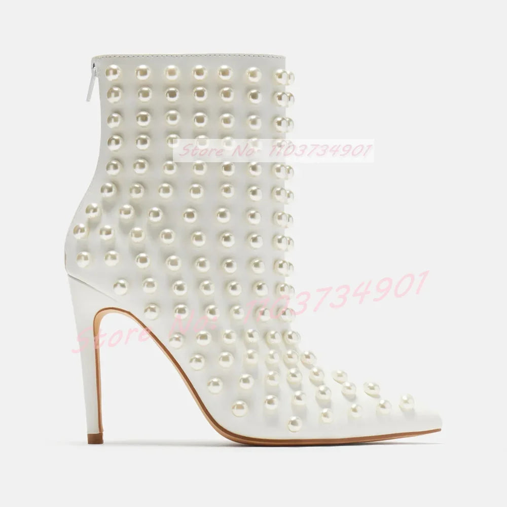 White Pearl Pointed Toe Short Boots With Zipper for Women