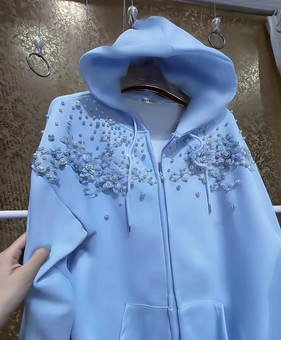 Beaded Sequined Stitch Hoodie Women Cotton Sweatshirts Long Sleeve Outerwears Female Zipper Cardigan Coat 2025 Woman Clothing