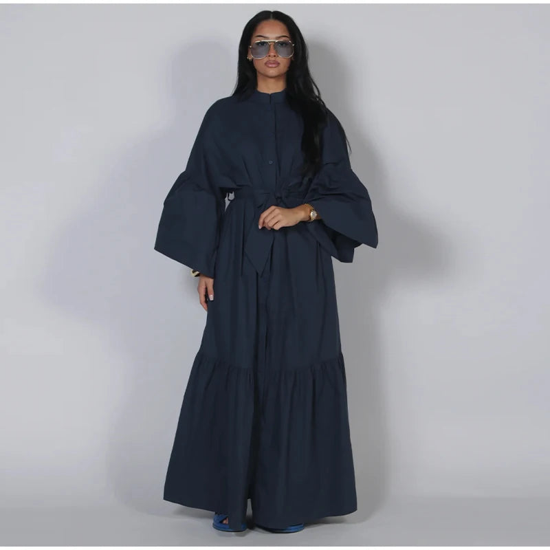 Casual Belted Long Lantern Sleeve Button Dress for Women
