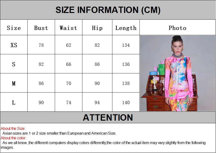 Punk Graffiti Print Bodycon Long Dress Women 2025 Autumn Stand Collar Long Sleeve Slim Fit Fish Tail Dress Party Club Robes