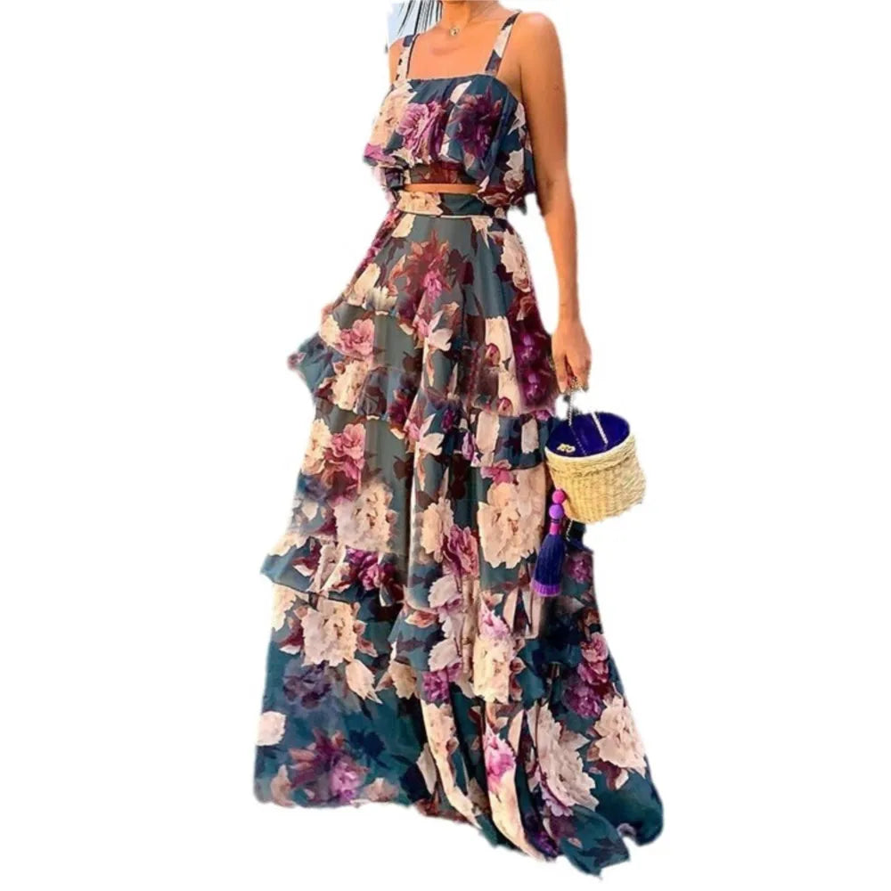 Printed Beach Vacation Style Two-Piece Set for Women