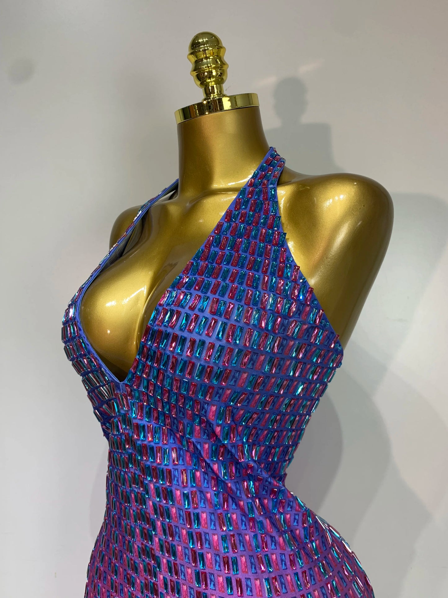 Women Sexy Halter Bodycon Dress Gadient Sparkly Rhinestones V Neck Backless Luxury Birthday Singer Stage Costume Cocktail Dress