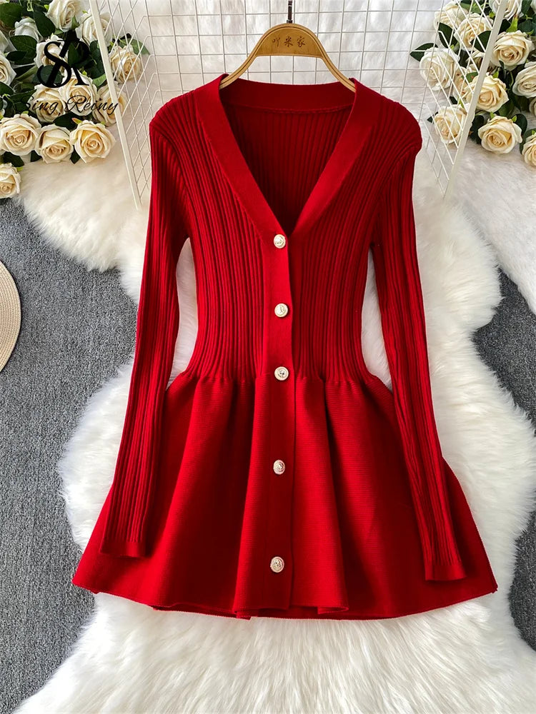V Neck Knit A Line Long Sleeve Mini Dress for Women