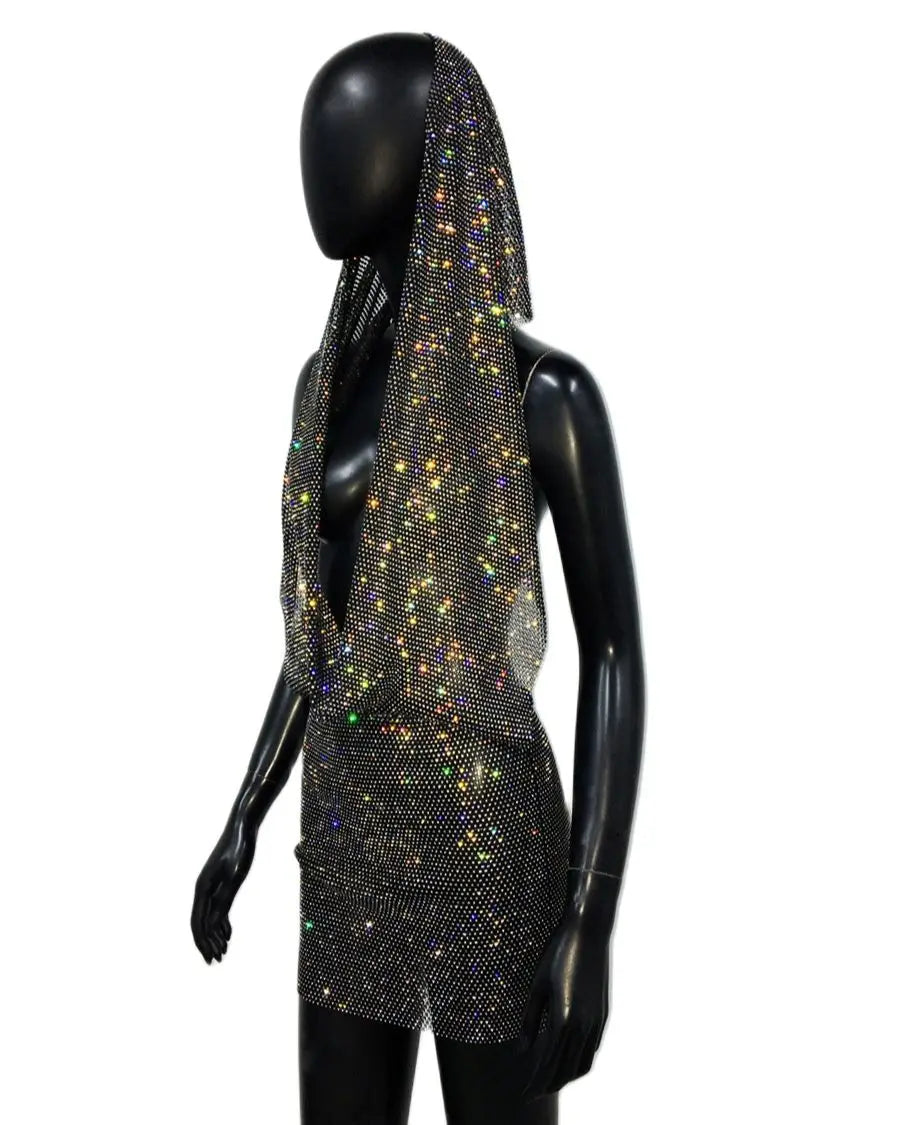 Y2K Rhinestone Sheer Mesh Festival Mini Dress for Women
