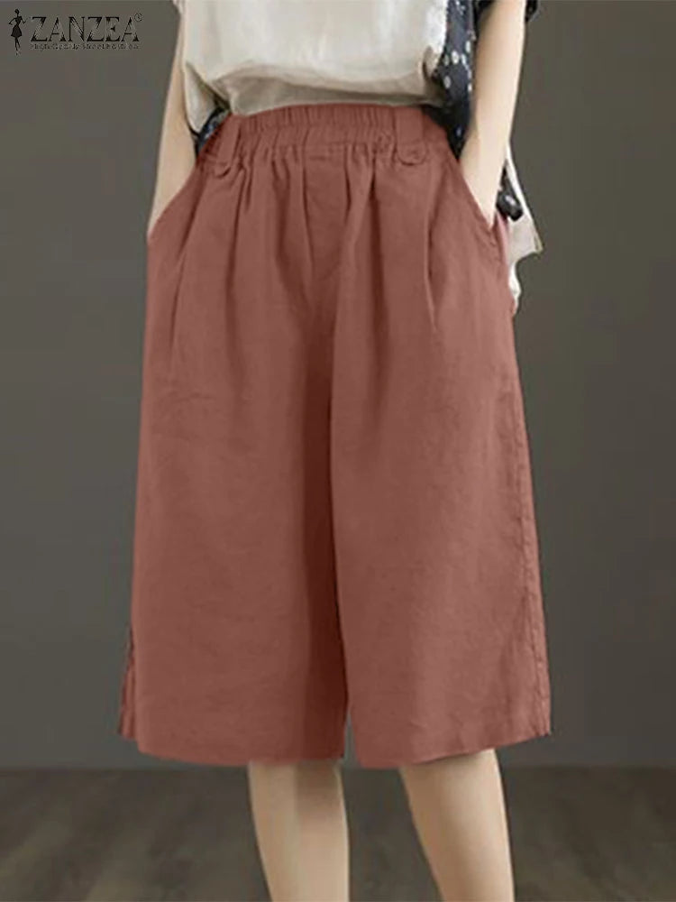 ZANZEA Woman Casual Mid-Length Shorts Elastic High Waist Loose Solid Wide Leg Pants 2025 Summer Holiday Comfort Weekend Shorts