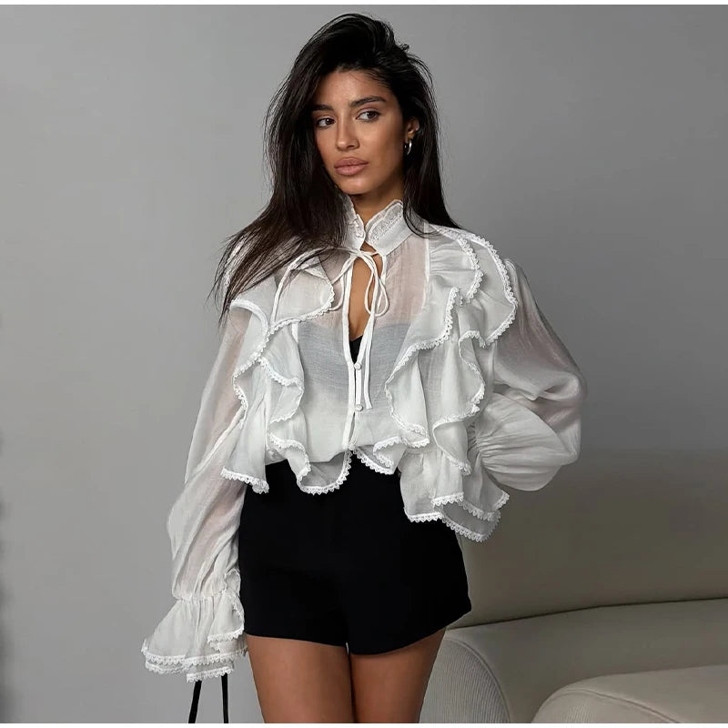 Elegant Long Sleeve Cascading Ruffle Blouse for Women