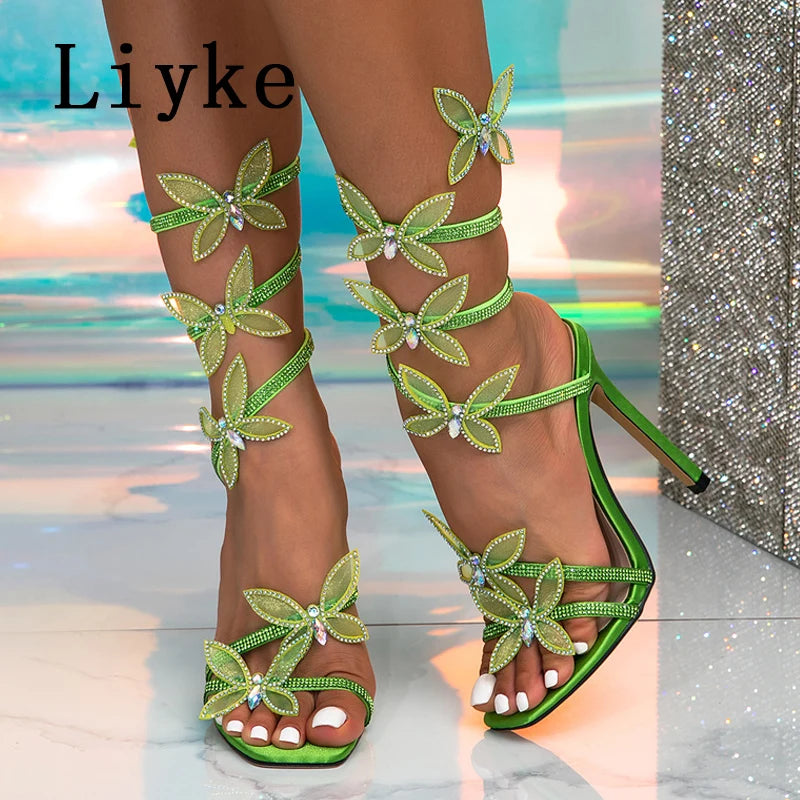 Glitter Rhinestones Square Toe Butterfly Sandals for Women