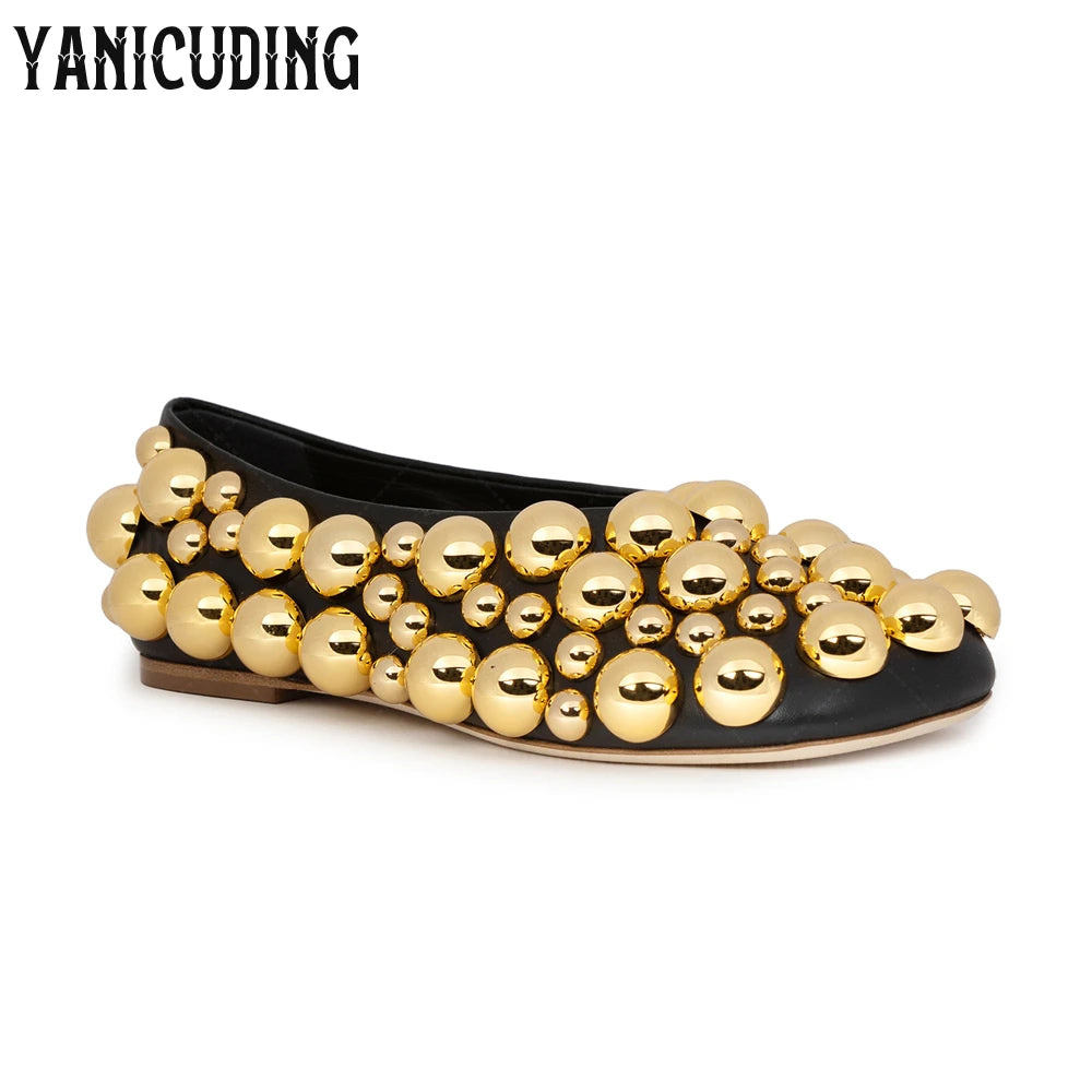 Metallic Stud Embellished Square Toe Ballet Flats for Women