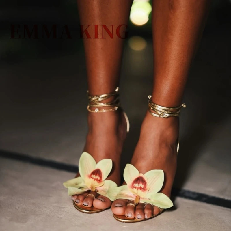 Metallic Gold Ankle Strap Floral Lace Up High Heel Sandals For Women